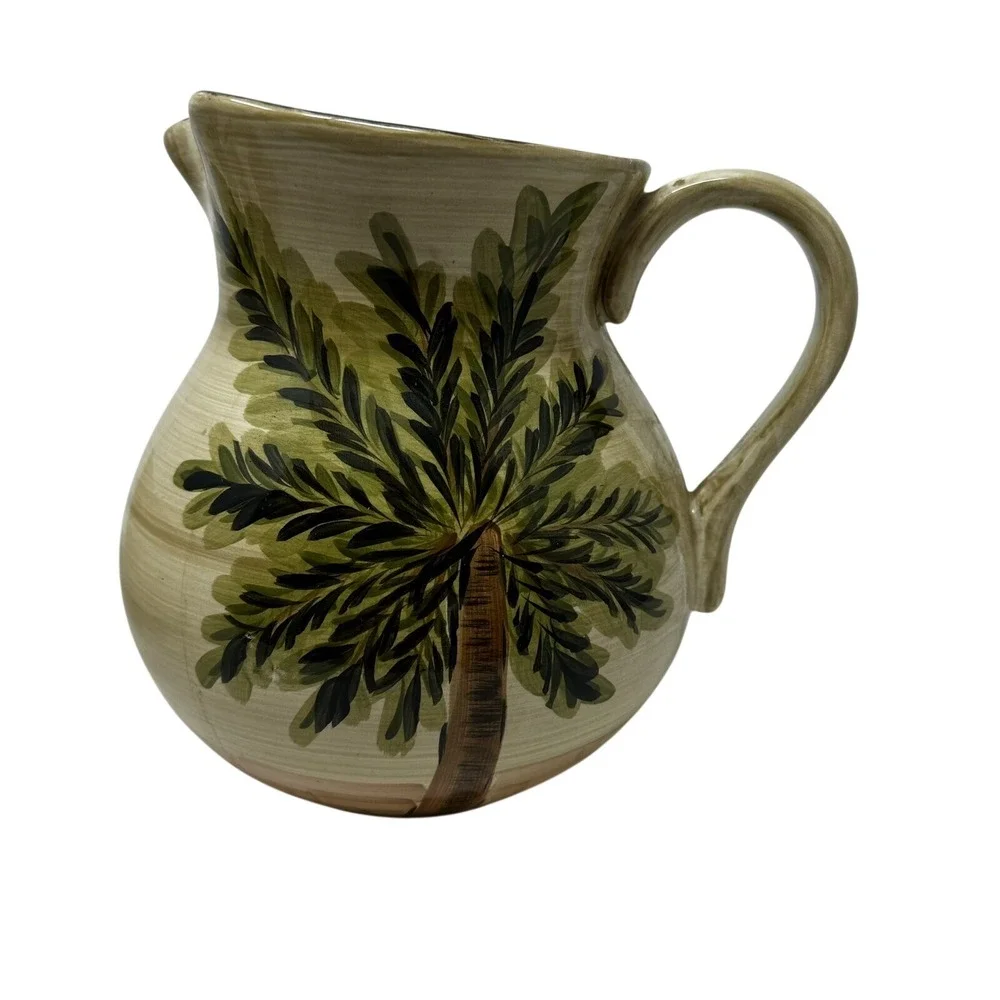 Emerald Bay Tabletops Unlimited Palm Tree‎ Ceramic Pitcher/Bowl Set Hand Painted